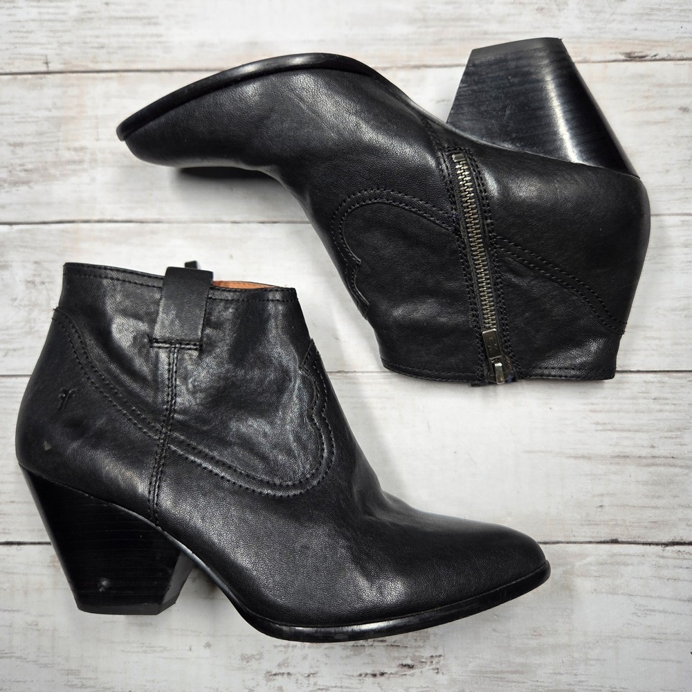 Frye Reina Western Ankle Boot Women 8.5 Black Leather Side Zip Heel